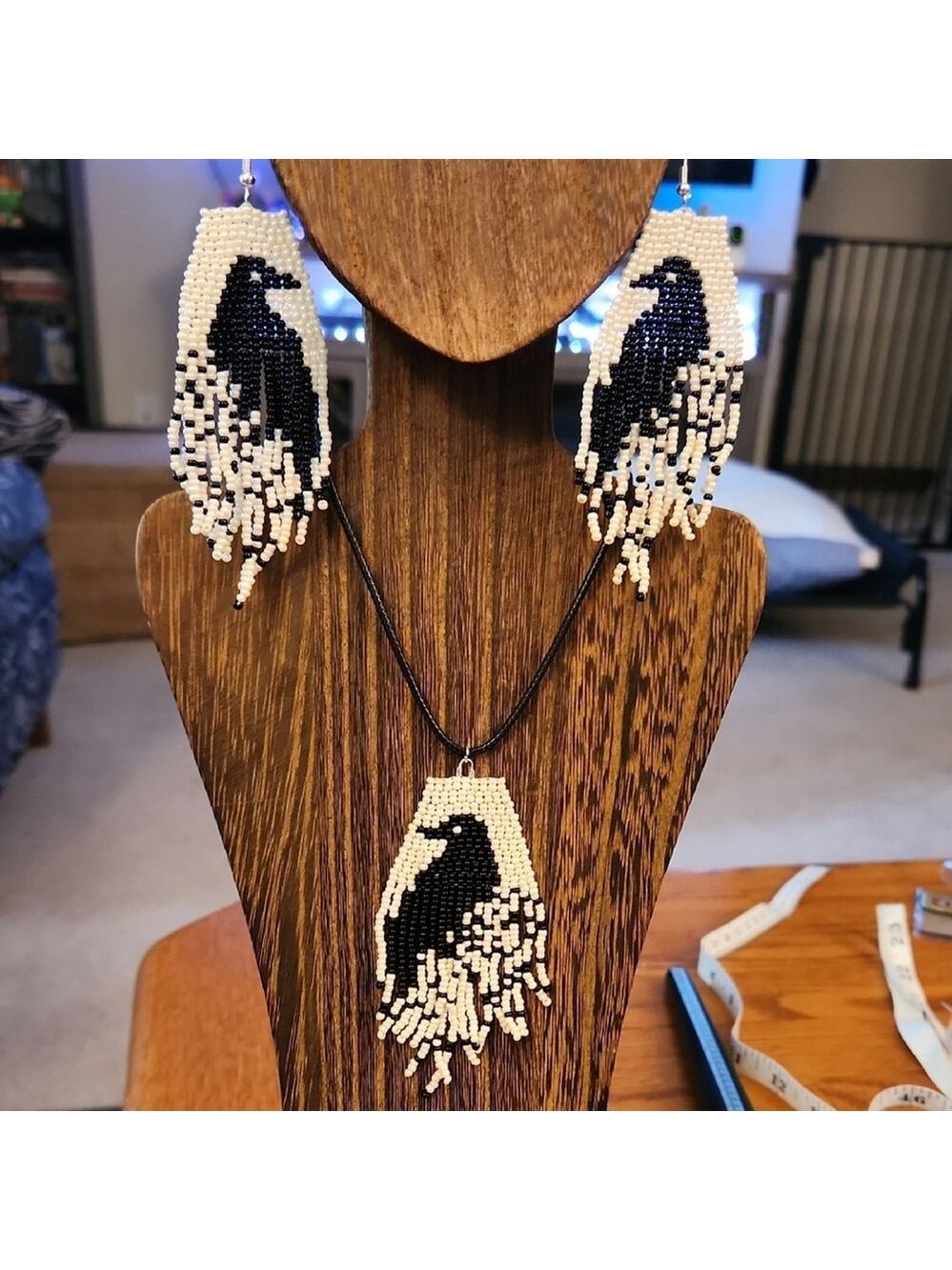 Hand Crafted Black and White Crow Earrings